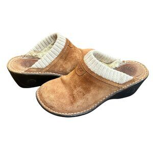 UGG Suede Slip-On Clogs Knit Trim Shearling Lining Chestnut Brown Outdoor Size 8